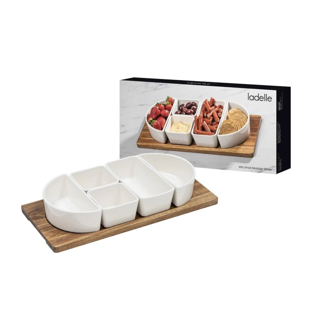 Set Aperitivos con Bandeja Acacia Ladelle – 6 Piezas – Porcelana + Madera – 42.5×21 cm