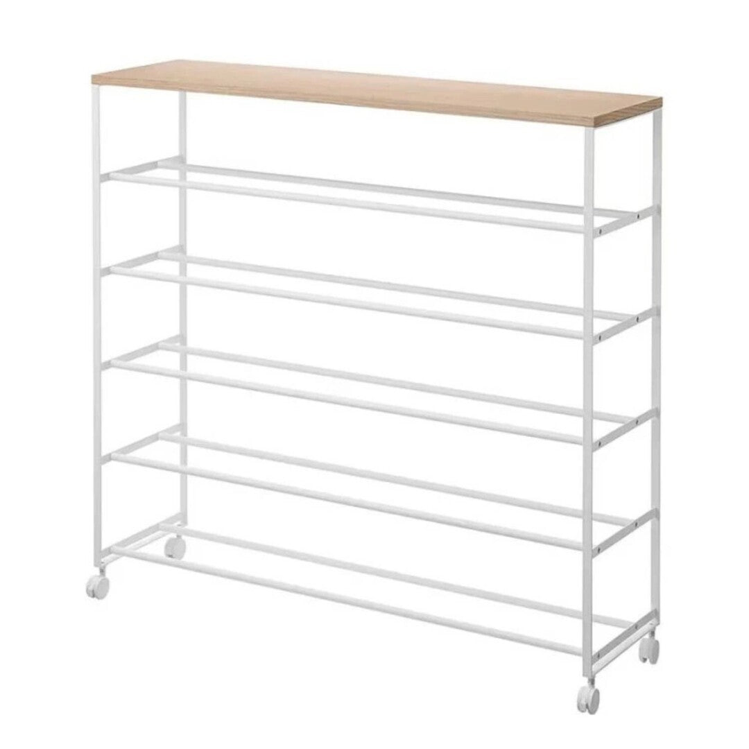 Zapatero con Ruedas 1465 – Blanco y Madera 90.5×87×26 cm – Acero + Madera