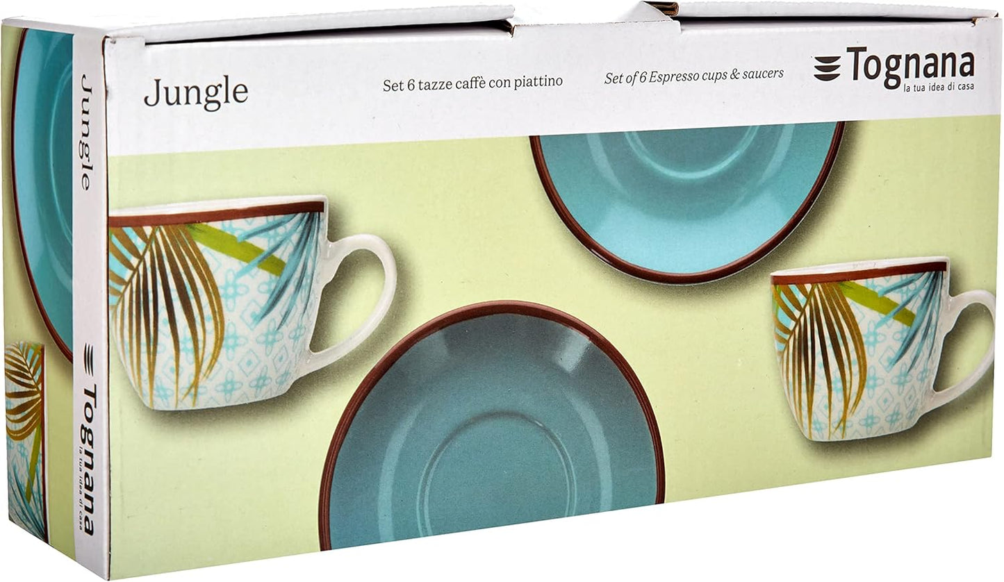 Tazas de Café con Plato Jungl – Set 6 Piezas – Porcelana – Tognana Diseño Tropical Italiano