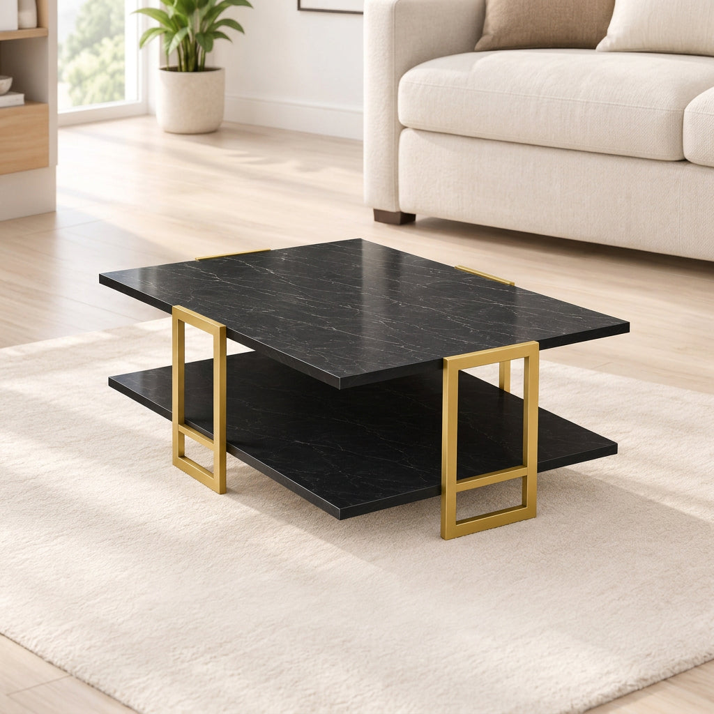 Mesa Baja Siena Mármol Negro con Metal Dorado