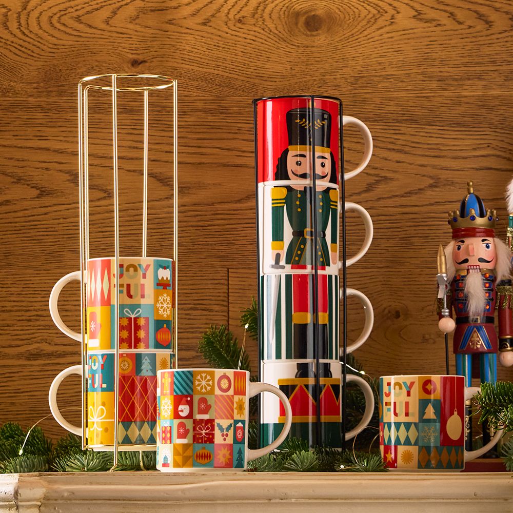 Mugs Apilables Xmas Wrap – Set 4 Piezas – 37cl – New Bone China + Acero Inox – Tognana