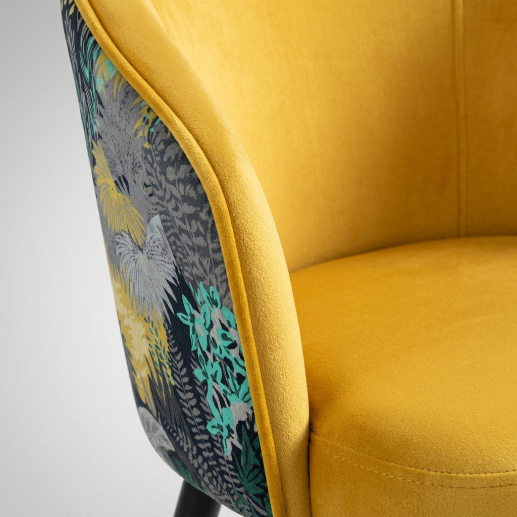 Silla Lydia de Terciopelo Amarillo con Respaldo Floral y Patas Negras