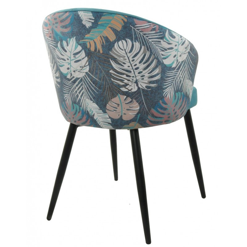 Silla Lydia Terciopelo Azul con Respaldo Floral y Patas Metálicas Negras