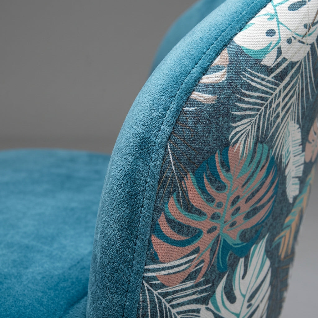 Silla Lydia de Terciopelo Azul con Respaldo Floral
