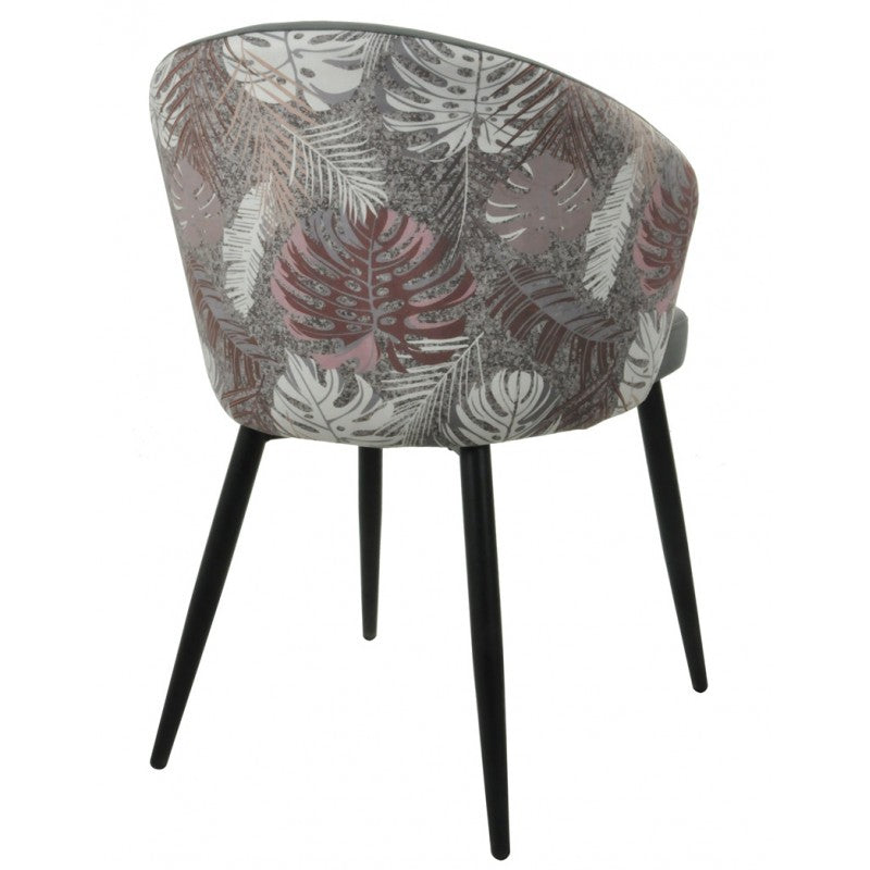 Silla Lydia Terciopelo Gris con Respaldo Floral y Patas Metálicas Negras