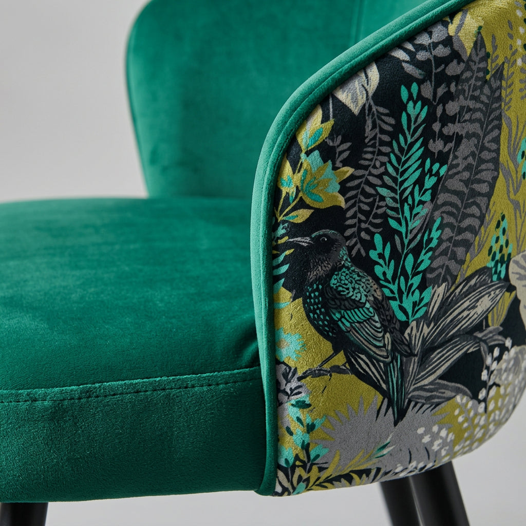Silla Lydia de Terciopelo Verde con Respaldo Floral