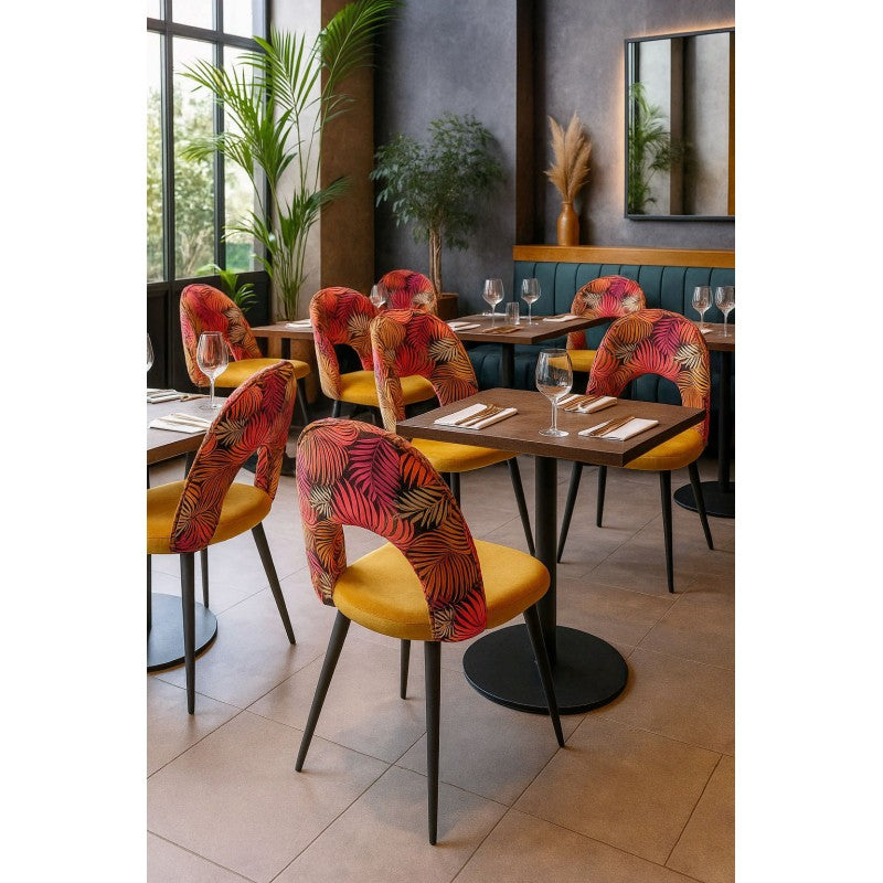 Silla ORQUIDEA, metal, tapizado velvet amarillo con respaldo floral a juego