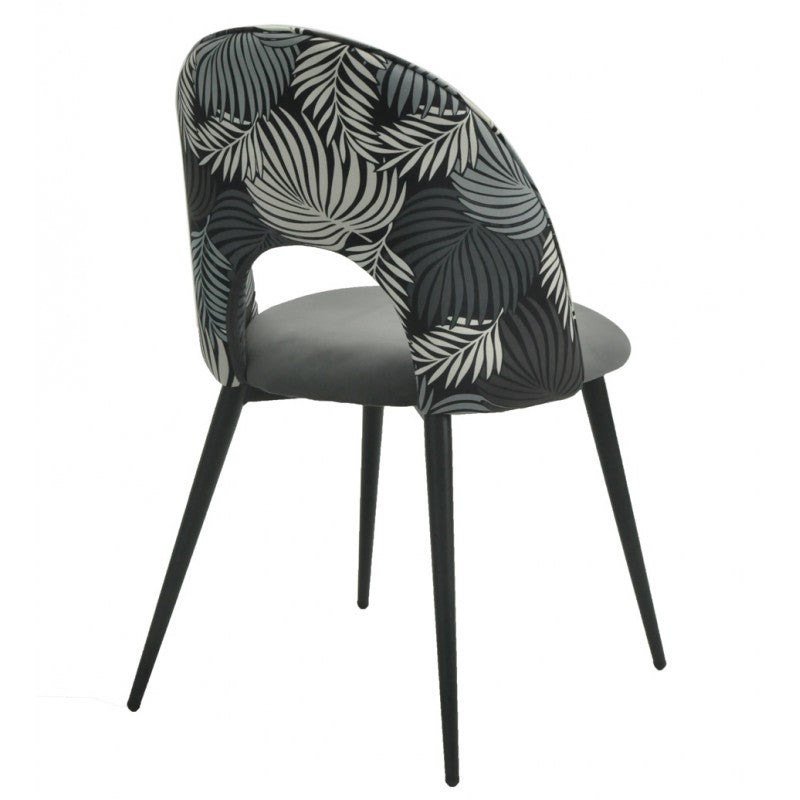 Silla ORQUIDEA, metal, tapizado velvet gris con respaldo floral a juego
