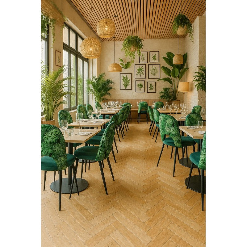 Silla ORQUIDEA, metal, tapizado velvet verde con respaldo floral a juego