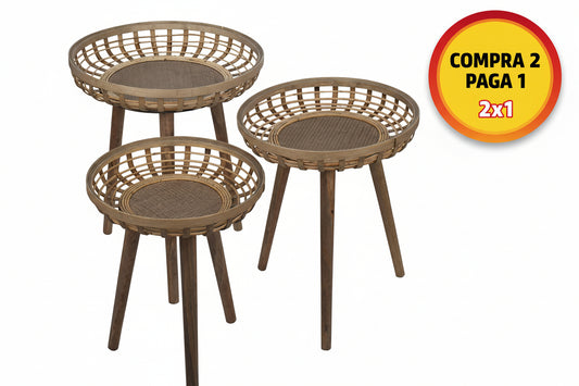 SET 3 MESAS AUXILIARES RATTAN — NATURAL