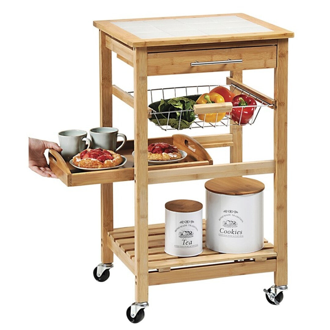 Verdulero Bambú R-25776 con Bandeja – 49×81×38 cm – Bambú + Azulejo