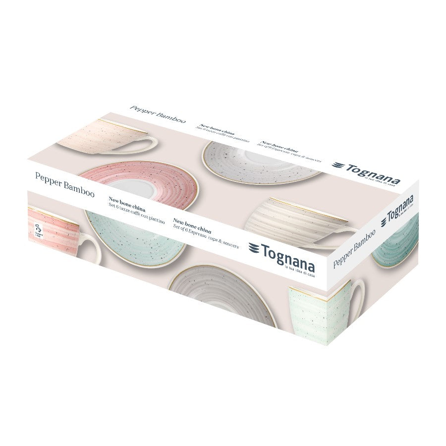 Tazas de Café con Plato Pepper – Set 6 Piezas – New Bone China – Tognana