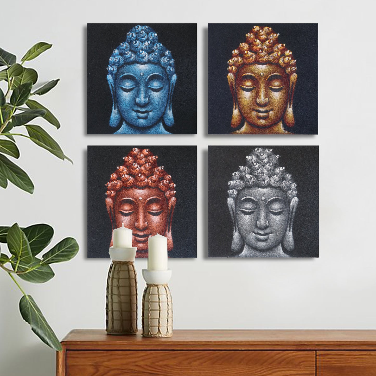 SET DE 4 CUADROS CABEZAS DE BUDA 40X40CM
