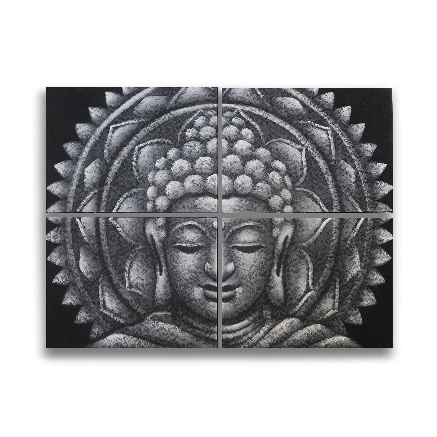 CUADRO BUDA GRIS MANDALA EFECTO BROCADO 30X40CM X 4