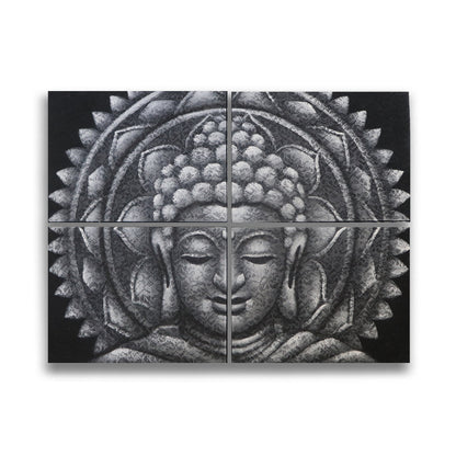 CUADRO BUDA GRIS MANDALA EFECTO BROCADO 30X40CM X 4