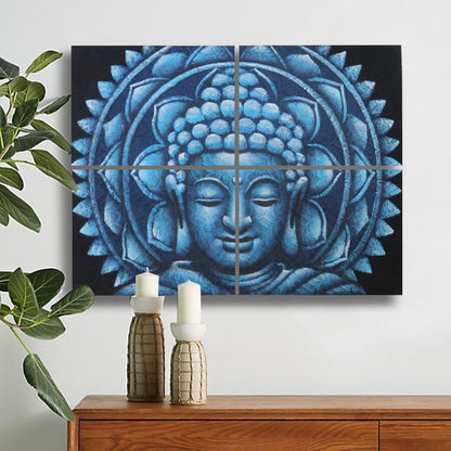 CUADRO BUDA AZUL MANDALA EFECTO BROCADO 30X40CM X 4