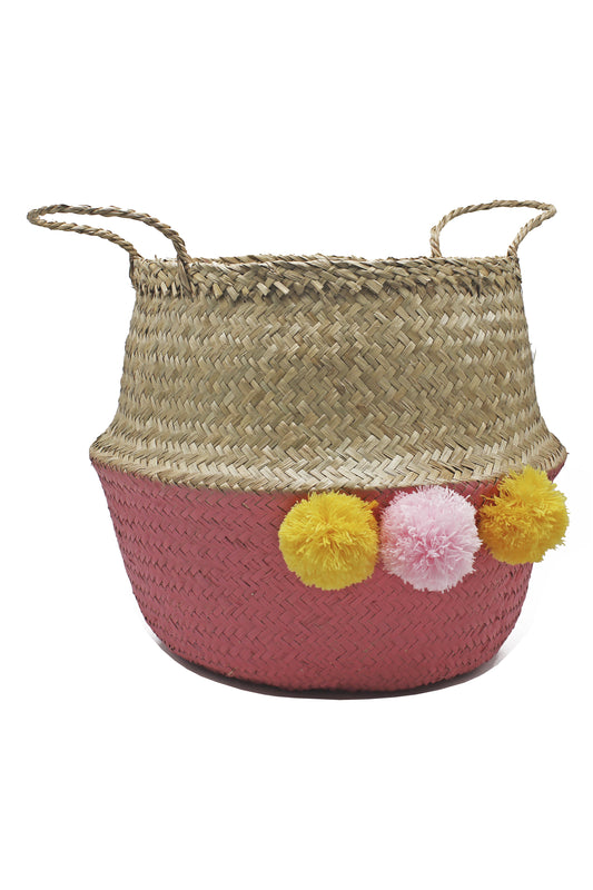 Cesto Córcega Natural/Rosa con Pompón 36×36 cm de Mimbre