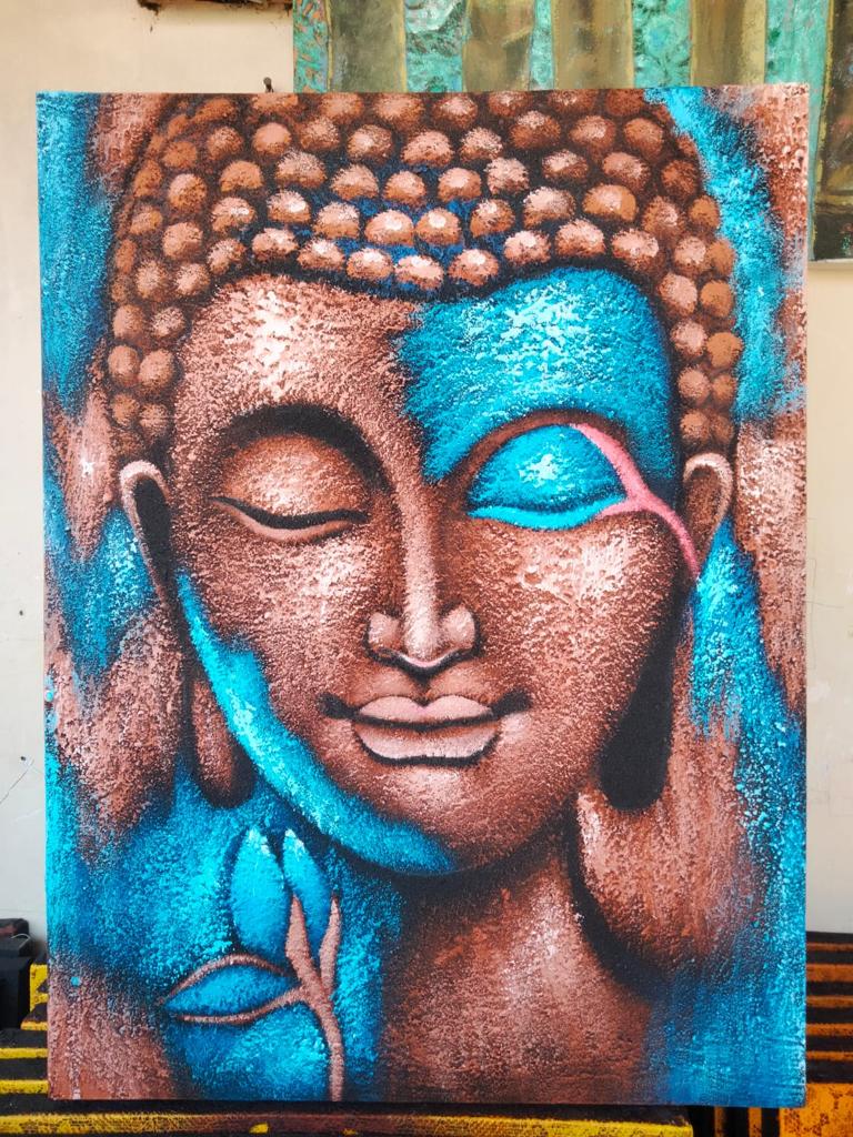 CUADRO DE BUDA - BRONCE Y FLOR AZUL