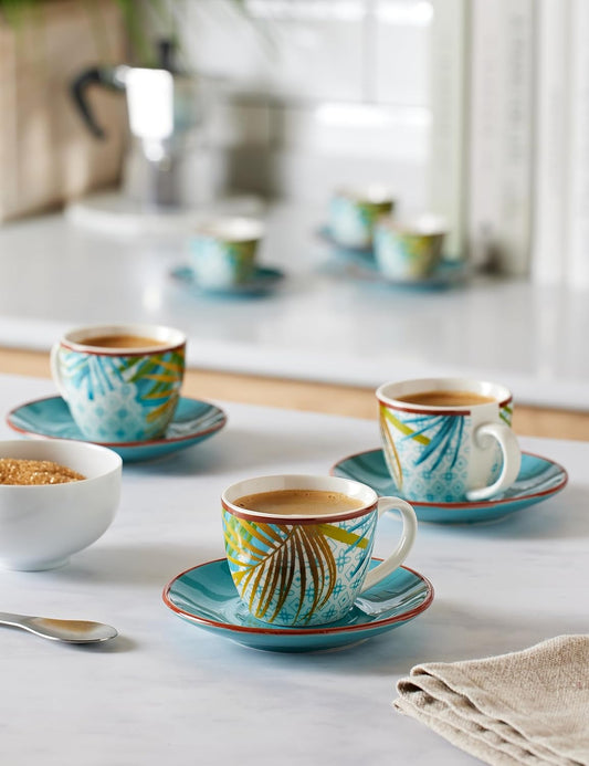 Tazas de Café con Plato Jungl – Set 6 Piezas – Porcelana – Tognana Diseño Tropical Italiano