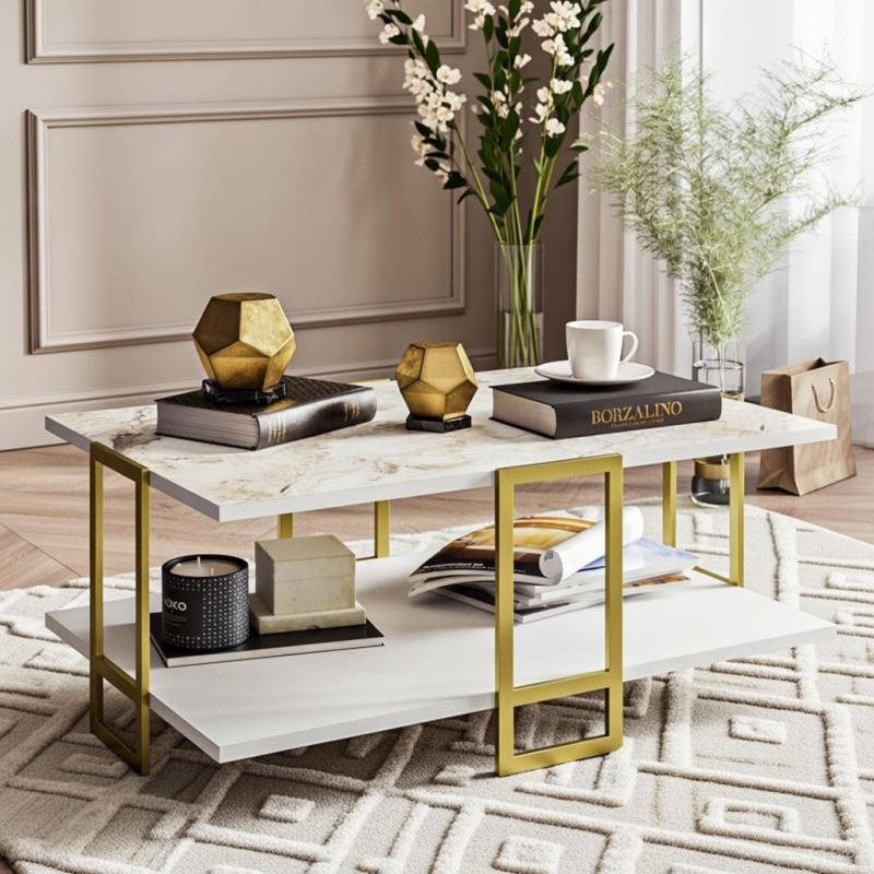 Mesa Baja Siena Bilaminado Mármol Blanco con Metal Dorado – 91,5 cm
