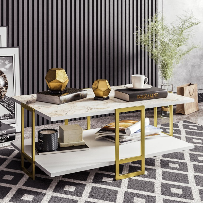 Mesa Baja Siena Bilaminado Mármol Blanco con Metal Dorado – 91,5 cm