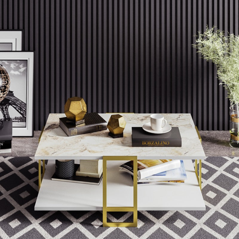 Mesa Baja Siena Bilaminado Mármol Blanco con Metal Dorado – 91,5 cm