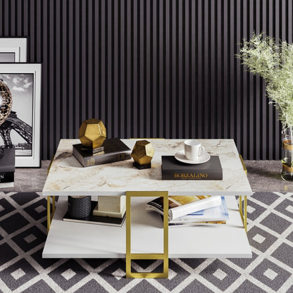 Mesa Baja Siena Bilaminado Mármol Blanco con Metal Dorado – 91,5 cm