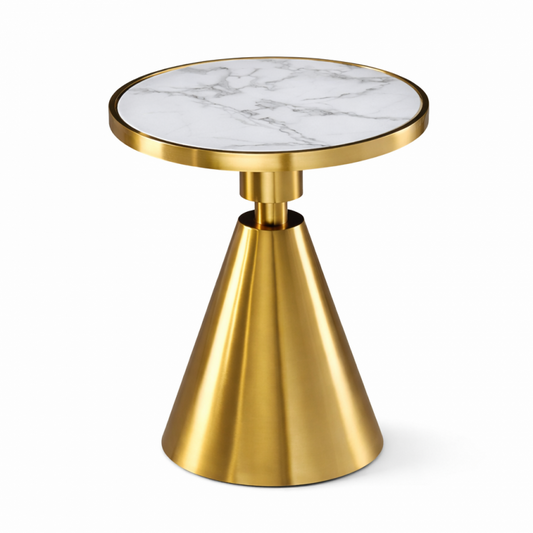 Mesa Jassy BL Baja Dorada con Tapa de Cerámica Mármol Blanco – 50 cm de Diámetro