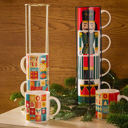 Mugs Apilables Toy Soldier – Set 4 Piezas – 37cl – New Bone China + Acero Inox – Tognana
