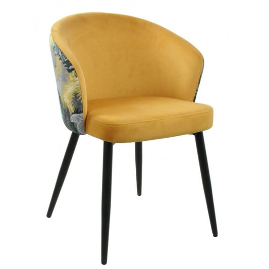Silla Lydia Terciopelo Amarillo con Respaldo Floral y Patas Metálicas Negras