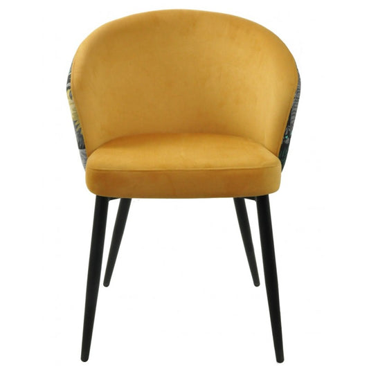 Silla Lydia Terciopelo Amarillo con Respaldo Floral y Patas Metálicas Negras