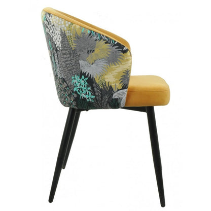 Silla Lydia Terciopelo Amarillo con Respaldo Floral y Patas Metálicas Negras