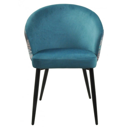 Silla Lydia Terciopelo Azul con Respaldo Floral y Patas Metálicas Negras