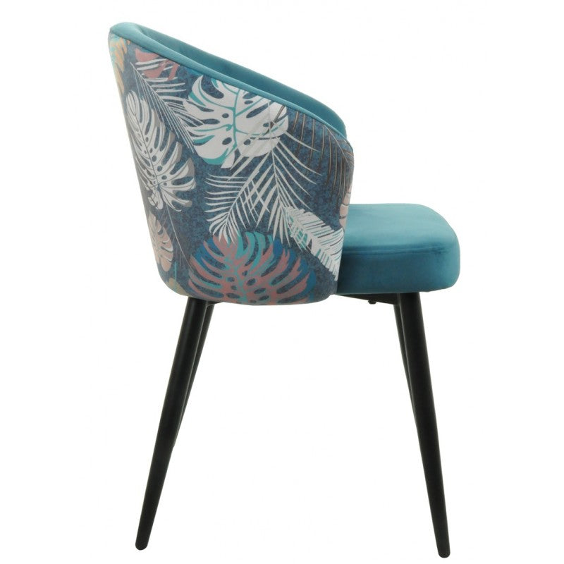 Silla Lydia Terciopelo Azul con Respaldo Floral y Patas Metálicas Negras