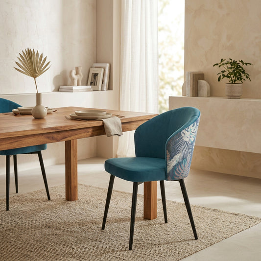 Silla Lydia de Terciopelo Azul con Respaldo Floral