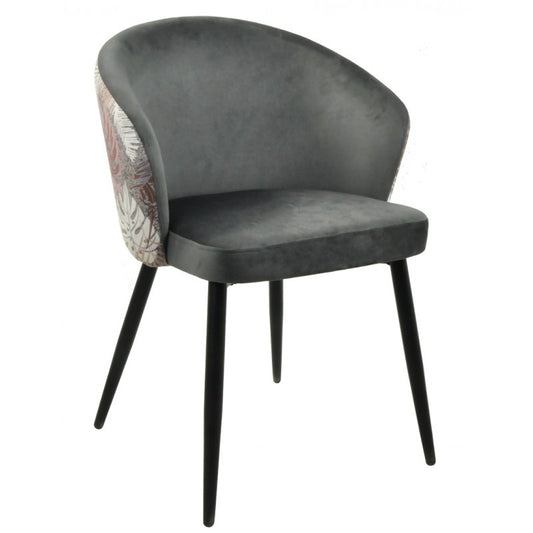 Silla Lydia Terciopelo Gris con Respaldo Floral y Patas Metálicas Negras