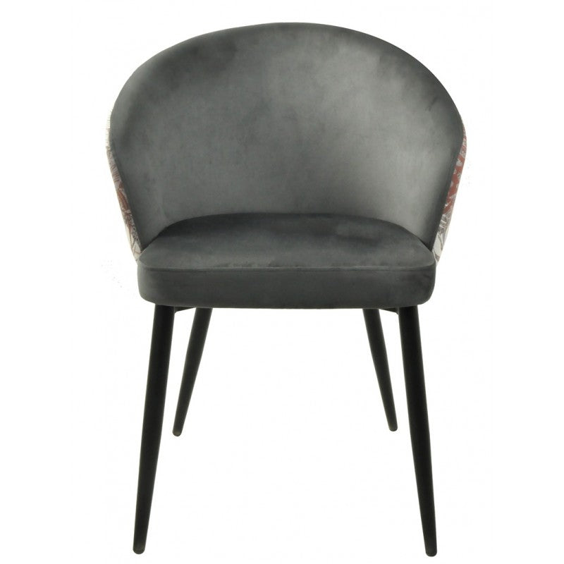 Silla Lydia Terciopelo Gris con Respaldo Floral y Patas Metálicas Negras