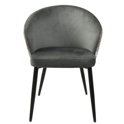 Silla Lydia Terciopelo Gris con Respaldo Floral y Patas Metálicas Negras