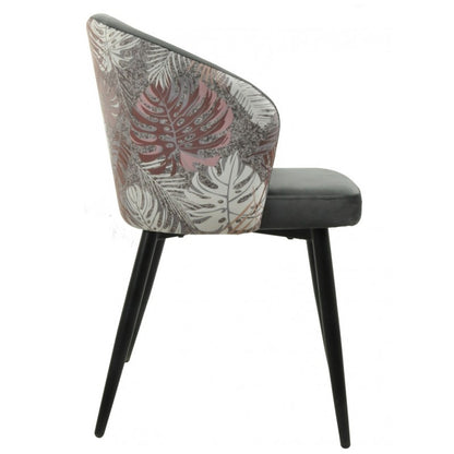 Silla Lydia Terciopelo Gris con Respaldo Floral y Patas Metálicas Negras