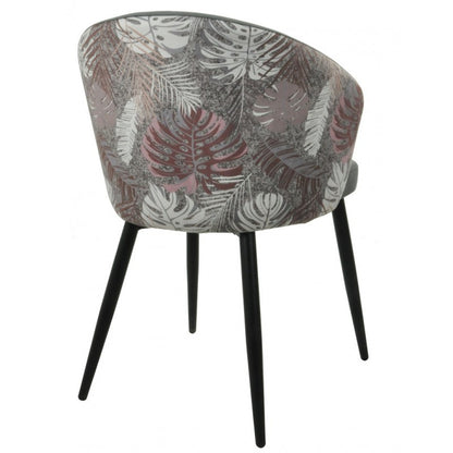 Silla Lydia Terciopelo Gris con Respaldo Floral y Patas Metálicas Negras