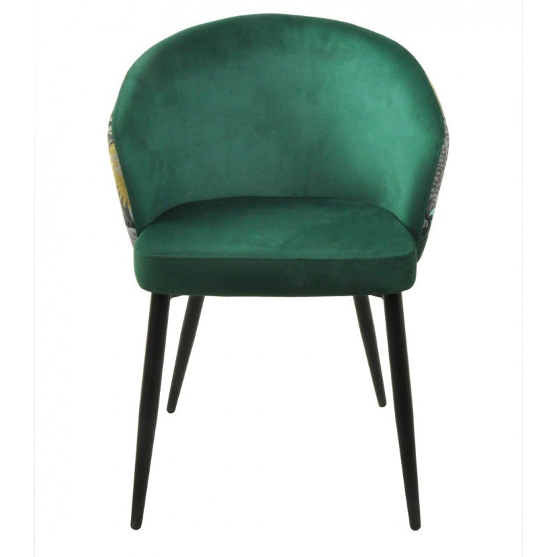 Silla Lydia Terciopelo Verde con Respaldo Floral y Patas Metálicas Negras