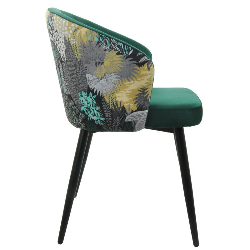 Silla Lydia Terciopelo Verde con Respaldo Floral y Patas Metálicas Negras