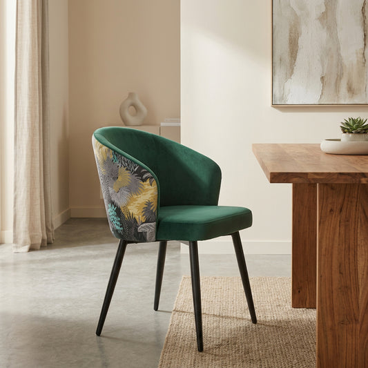 Silla Lydia de Terciopelo Verde con Respaldo Floral