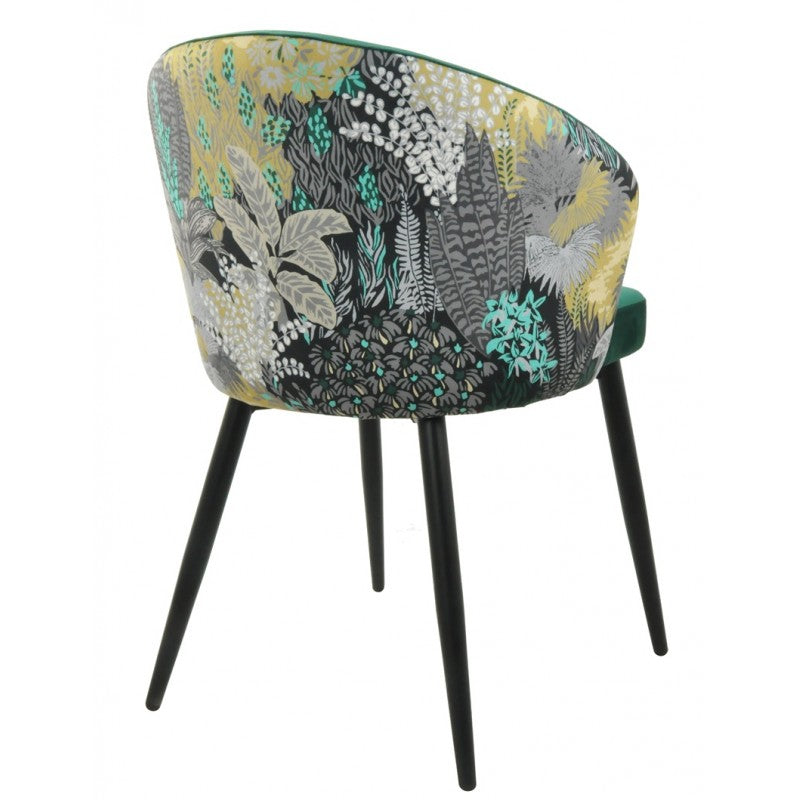 Silla Lydia Terciopelo Verde con Respaldo Floral y Patas Metálicas Negras